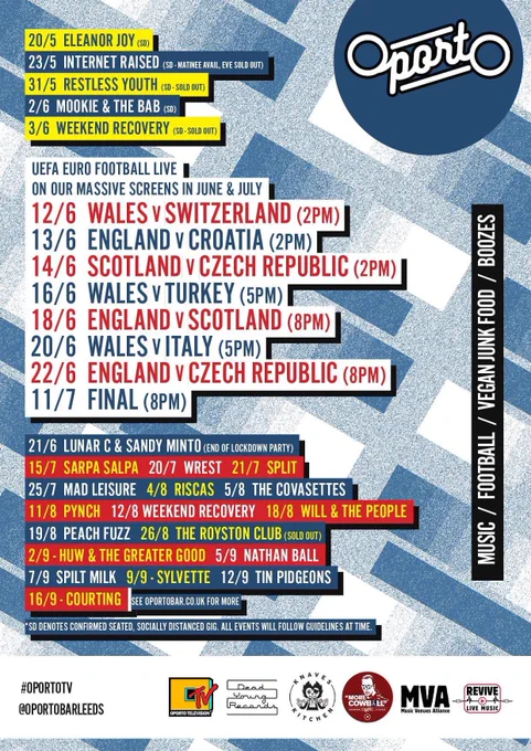 Listings for in person events at Oporto from 17th May, full details via link to website