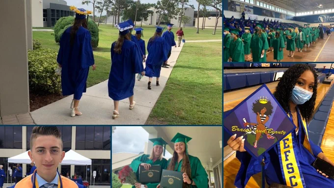 A collage of graduates in blue and green robes.