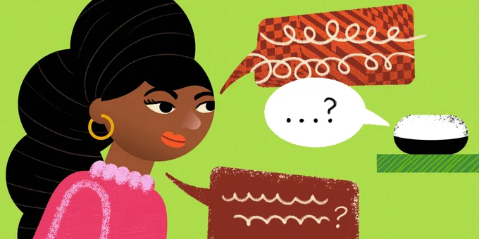 Two speech bubbles with different style squiggly lines come from a person with brown skin. The machine they face responds with a speech bubble of different lines.