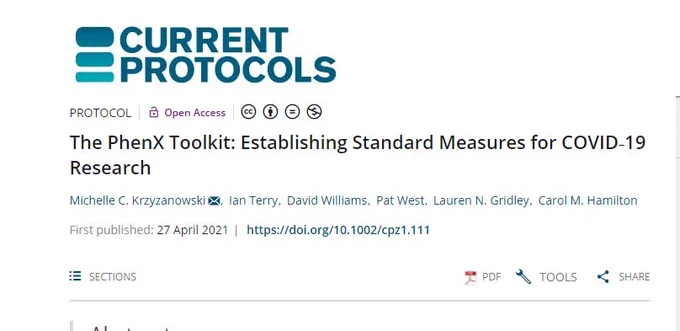 Screen capture of Current Protocols article headline: The PhenX Toolkit: Establishing Standard Measures for COVID-19 Research. 