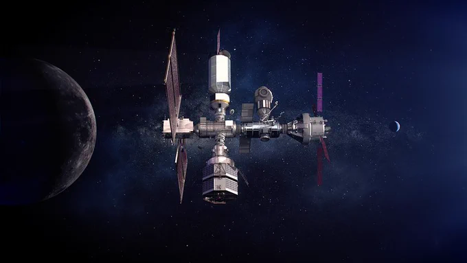 A full view of Gateway that includes elements from international partners. Built with commercial and international partners, the Gateway is critical to sustainable lunar exploration and will serve as a model for future missions to Mars.

