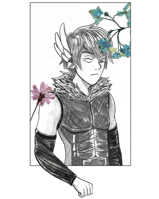 Ink drawing of a character facing three-quarters to their left, gazing towards the viewer. This character is framed within a vertical box, with their arm placed over and out of the bottom of the frame. Their hair ends at the nape of the neck, bangs falling just over their eyes. They wear a headphone on their right ear that is fashioned like a bird's wing. Their right eye is devoid of an iris and pupil. Their left eye, normal. They wear a fitted sleeveless shirt with a fur collar, and braces on their arms that start at the middle of the bicep and come down to their wrists. In front of the character are pastings of flowers. On the top right of the frame, a few pressed little blue flowers. On the left of the frame, one pressed cherry blossom flower.