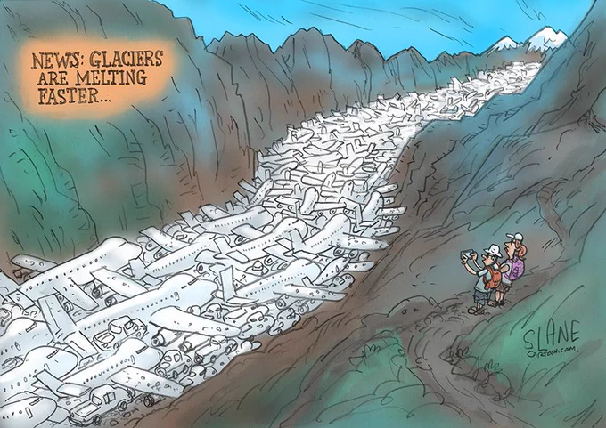 Cartoon depicts a couple of hikers viewing a glacier-like flow of aircraft and cars crowding up a mountain valley. Caption 'News - glaciers melting faster'