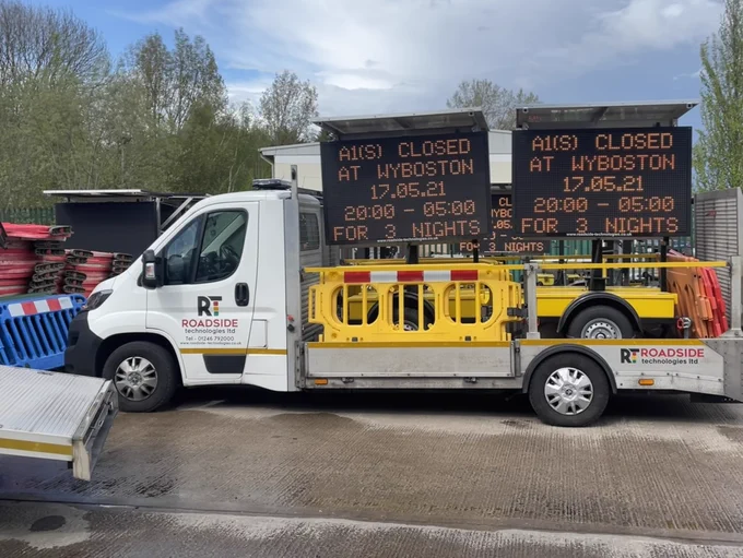 HD Full Colour Variable Message Signs ready for delivery to a UK customer. VMS assist with advanced warning for traffic management and resurfacing works.