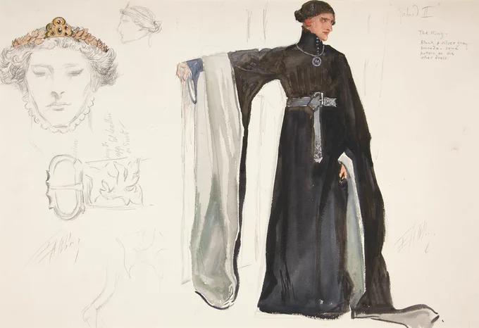 A costume design, in pencil, pen, and watercolour. On the left is a pencil sketch of a face, with a delicate golden coronet of leaves (coloured in); there is also a pencil sketch of a belt buckles. The main image is a full length design for a man: a floor-length black gown, with a heavy belt pulling it close to the body. The exaggerated hanging sleeves flare out and touch the ground; they're lined with white. The collar is very high and buttoned to the throat; there's a small silver medallion. 