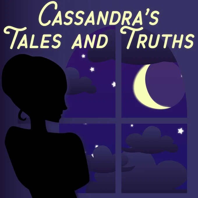 Logo for Cassandra's Tales and Truths - silhouette of a woman looking out through a window at the night sky with a crescent moon in the air