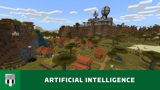 A satellite receiver station stands on a hill above a small village In Minecraft: Education Edition. Text reading "Artificial Intelligence."