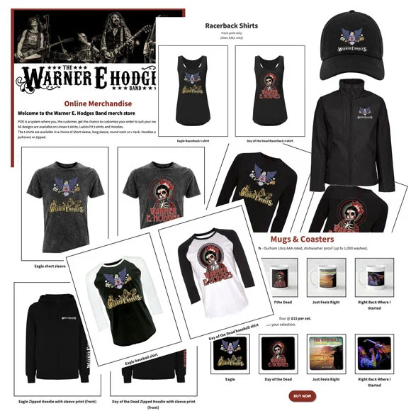 Screenshot of items from the merchandise store - t-shirts, hoodies, mugs, coasters and more
