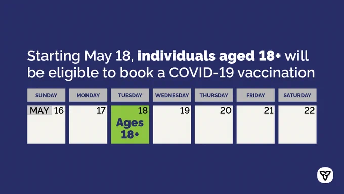 Starting May 18, individuals aged 18  will be eligible to book a COVID-19 vaccination 