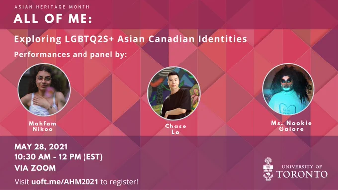 Performance and Discussion on May 28 at 10:30am to 12:00pm via Zoom. Images of Mahfam Nikoo, Chase Lo, and Ms. Nookie Galore with a pink background. 