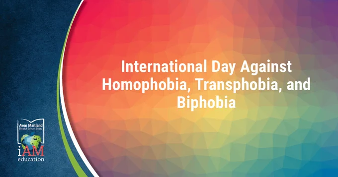 Navy sidebar with AMDSB logo. Stained-glass-like background with rainbow colours and text: International Day Against Homophobia, Transphobia, and Biphobia