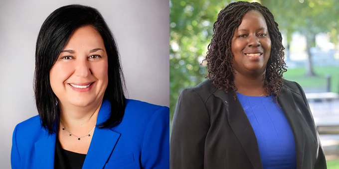 Portrait photographs of Duquesne University's Dr. Melissa Boston, left, and Dr. Rachel Ayieko, right.