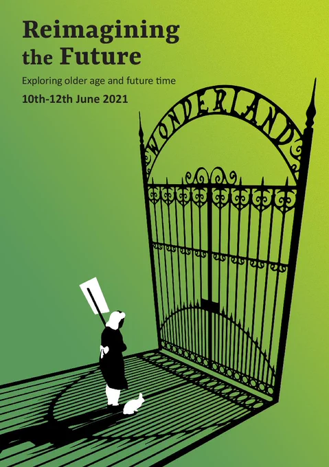 flyer - Alice stands outside the gates of wonderland holding a placard with a small white rabbit at her side. The gate casts a long shadow on her. The image has a green background.