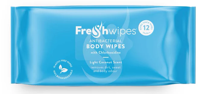 Image shows a blue packet of FreshWipes