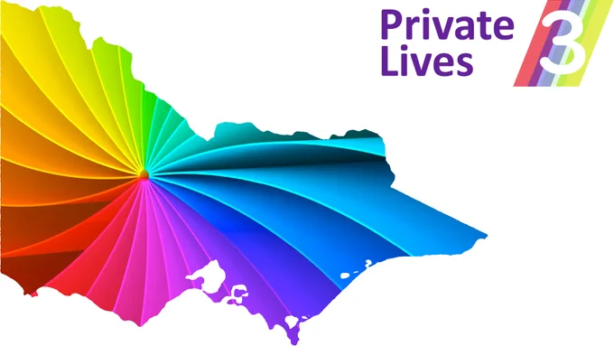 Design of rainbow swirled pages cut out in the shape of the state of Victoria, with the Private Lives 3 logo