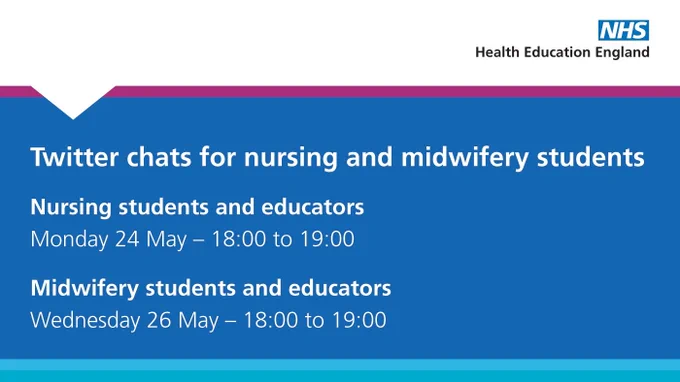 Twitter chats for nursing and midwifery students

Monday 24 May - 18:00 to 19:00 - nursing students and educators
 
Wednesday 26 May - 18:00 to 19:00 - midwifery students and educators
