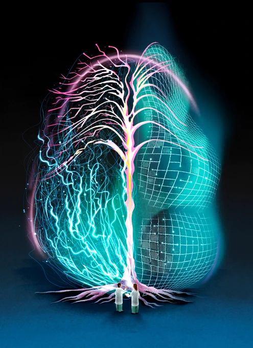 An illustrated brain in turquoise, pink, and yellow colours on a black background. The left side of the brain appears to have pathways in it, and the right side of the brain appears like a grid system. 