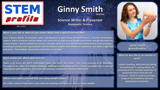 What is your job or what do you study? What does a typical day look like?

I’m a Science Writer & Presenter with a background in psychology & neuroscience. I founded Braintastic! Science, which produces science shows and resources to help young people understand and get the best out of their brains. I love to present on camera, and also work as a science communication trainer and consultant, providing scientists and organizations with techniques to grab their audiences’ attention, and keep it. My first solo book, ‘Overloaded’, about brain chemistry, is out now!

What excites you about what you do?

There is so much we don’t understand about the brain, but what I find most amazing is its flexibility. Throughout our lives, it is always changing, adapting to everything we do. I find it incredible that a mass of cells, awash with chemicals, can create the amazing complexity of human experience.

Tell us a fact about yourself that not many people know!

As a child, I adored Polar Bears, a

