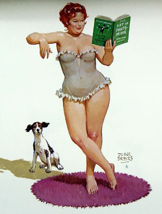 A red-headed, full-figured pin-up in a white teddy is reading a book called "The Art of Pantomine" while pretending to lean on something. She stands on a purple circular rug, and a surprised terrier is watching her. 