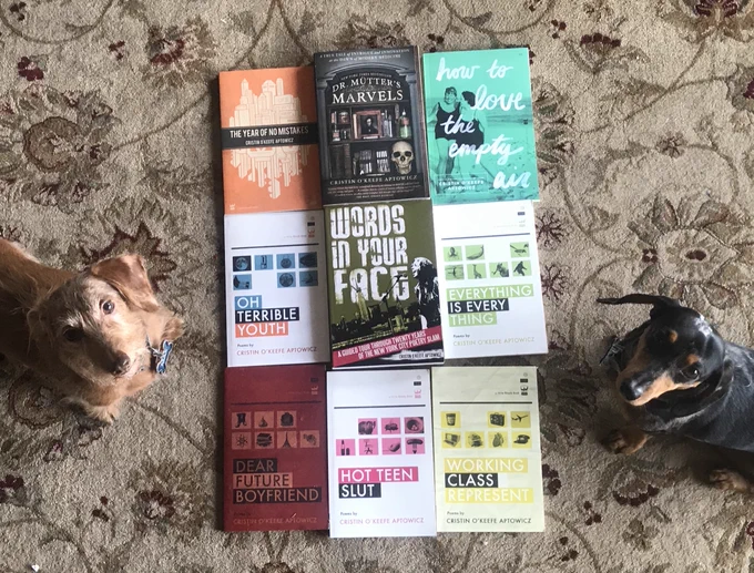 All nine of my books -- "The Year of No Mistakes," "Dr Mutter's Marvels," "How to Love the Empty Air," "Oh Terrible Youth," "Words in You Face," "Everything is Everything," Dear Future Boyfriend," Hot Teen Sl*t," and "Working Class Represent" -- are laid on beige carpet with a subtle flower pattern on it. A brown wire-haired dachshund sits on the left side of the books, and a silver-dappled black and tan dachshund sits on the right side of the books. 