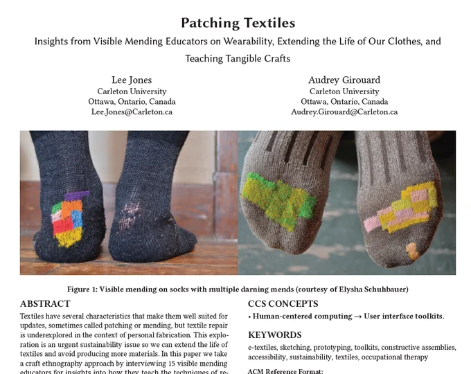 Screen shot of the PDF of the paper indicating the title Patching Textiles, the authors, pictures of mended socks and the beginning of the text of the article.