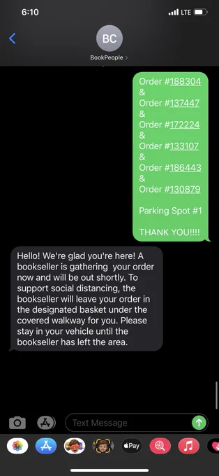 A text message between two parties. The first party is sending a text message for six different pre-order pick ups for Curbside. The response is from the bookstore letting them know they will be out shortly.