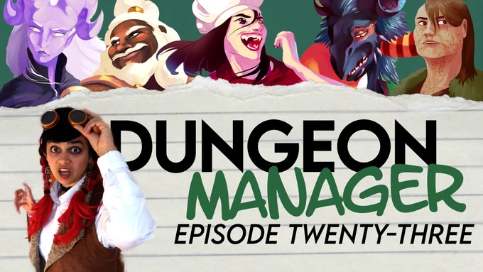 Shamini in her Effy cosplay - a gnome with large brass goggles, and black & red pigtails - in front of the words "Dungeon Manager: Episode Twenty-Three."