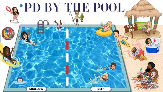 Pool with several people swimming. On the side, there is sand with a snack bar and people on chairs.