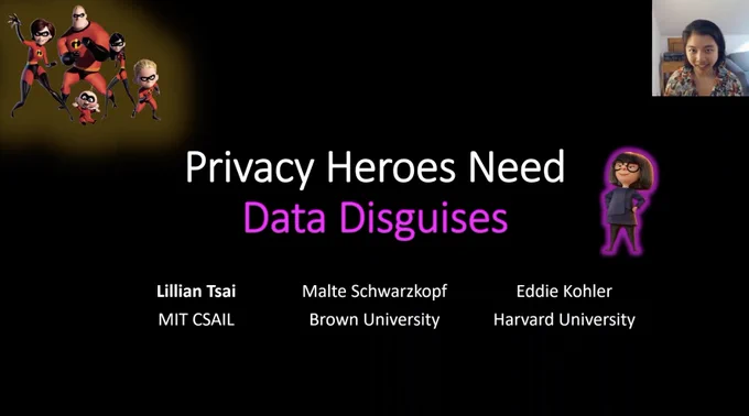 Talk title slide for "Privacy Heroes Need Data Disguises".