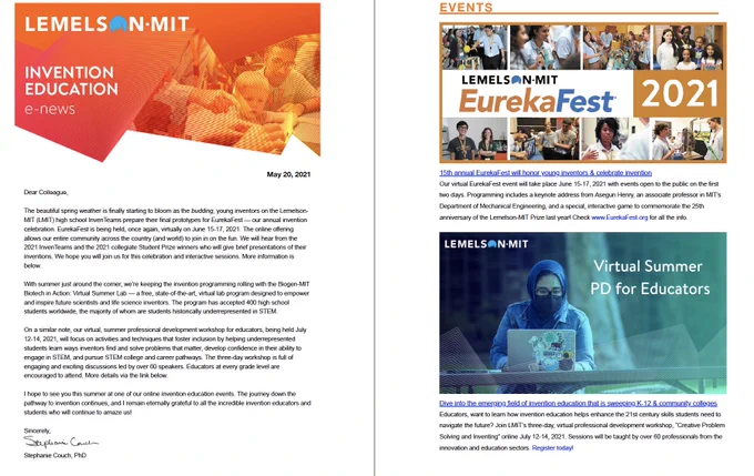 Screen shot of the Lemelson-MIT Invention Education May Newsletter