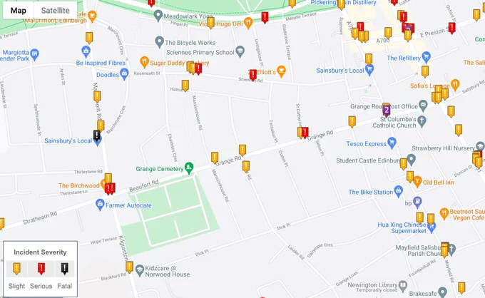 Map displaying Grange Road and multiple markers showing the locations of slight, serious and fatal collisions.