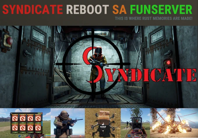 Good day all, 
Syndicate REBOOT SA FUNSERVER will be launching tonight! You can fly drones, spawn vehicles and teleport all over the map. Instant craft items and craft without a workbench at any location. When you farm resources are smelted instantly into your inventory. Multiple kits are available and you can have a clan with up to 8 players. C4 and Rockets do spawn in crates and barrels but be warned of the barrel keepers, they may not like it when you try to take it from them. Much, much, more is available so jump on to the server and see for yourself. 
The server is set up to have FUN and to ENJOY, but most importantly to have extreme PVP and RAIDs!
Click on the following link to join the server or search for it in the modded tab in Rust. “steam://connect/196.28.69.113:28016”. 
Join us on Syndicate Discord “https://discord.com/invite/6BSwTmVBwF”
Have fun and enjoy your stay with Syndicate.
Regards, SIN