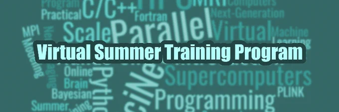 Word cloud for the Virtual Summer Training Program Word containing words like programming, parallel, scale, online, SciNet, practical, C/C  , Fortran, Python, supercomputers, programming and MPI.
