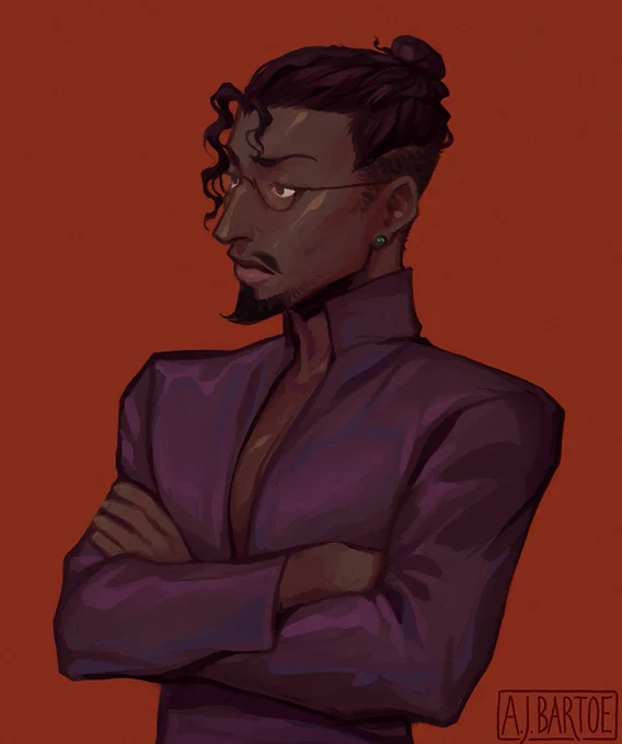 A digitally painted waist-up portrait of a handsome man wearing a deep purple v-neck. He has dark skin and an undercut bun hairstyle.