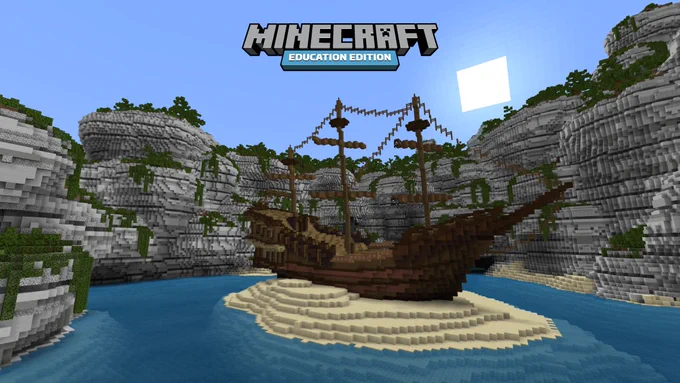 A beached pirate ship surrounded by cliffs in Minecraft: Education Edition.