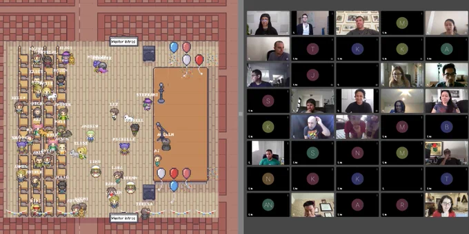 Screenshot of about 40 of our guests and mentors video chat, and their avatars hanging out in a virtual auditorium