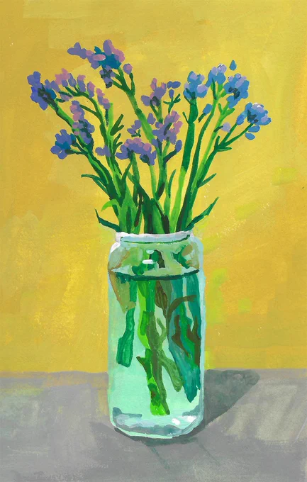 painting of purple statice flowers in a glass jar on a gray surface with a yellow background