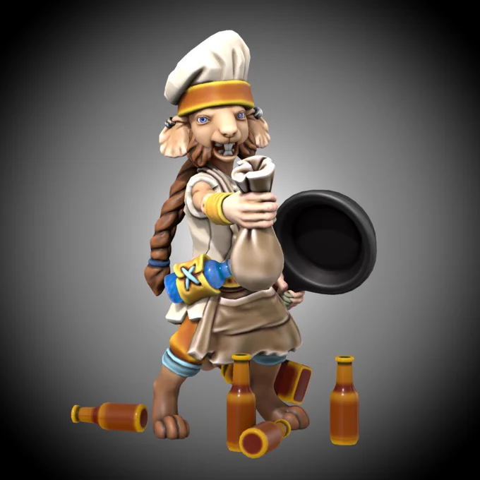 A rat man wearing chef whites and holding a small bag and a frypan. He is surrounded by small vials and bottles, including one held in his tail