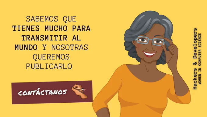 Imagen de mujer afrodescendiente de entre 55 y 65 años con una leyenda a su izquierda que dice: "Sabemos que tienes mucho para transmitir al mundo y nosotras queremos publicando. Contáctanos.".