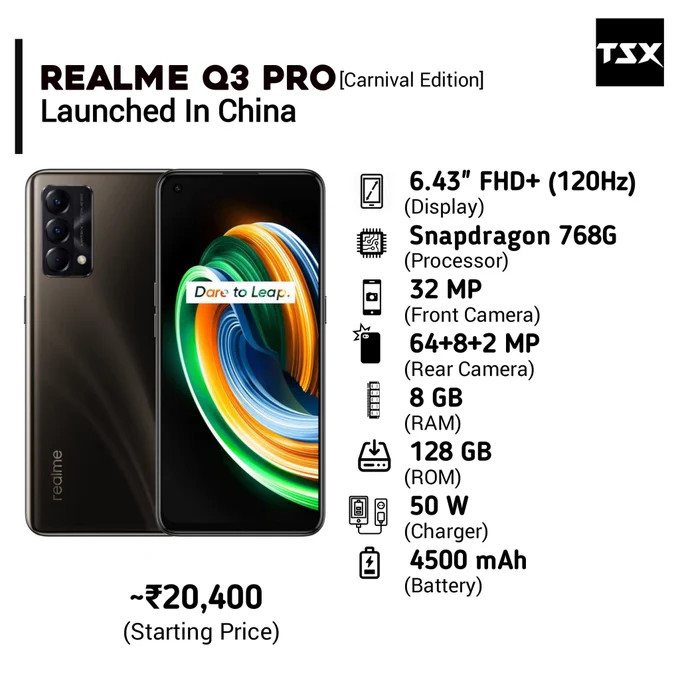 Realme Q3 Pro Carnival Edition Launched In China

Follow us for Tech Updates @TECHSmartX

#realmex7pro #realmex7
#realmex #realmeq3pro  #samsunggalaxym31
#realmeq2pro #Realme7Pro #redminote10
#smartphone #instatech  #samsunggalaxy #xiaomiindia
#specs #phone #specs #4g #banglore
#picoftheday #instaphoto
#realme #micromax #iqooindia  #vivox60pro #realmeNarzo30pro #oneplus9 
#android #RedmiNote10Pro #TechSmartX #TechSmartXUpdates #TechSmartXTeam