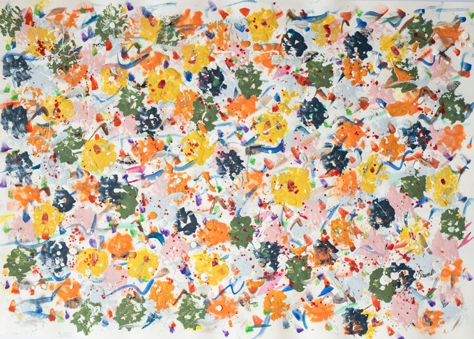 By Sarah: Colourful paint splurges in almost circles in yellow, green, orange and pink. Combined with colourful splatters and blue paint strokes.