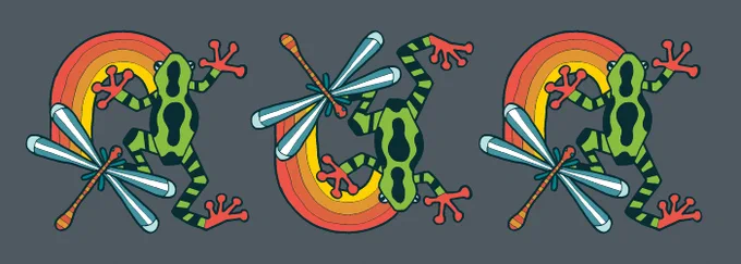 Repeating graphic of frog, dragonfly and rainbow