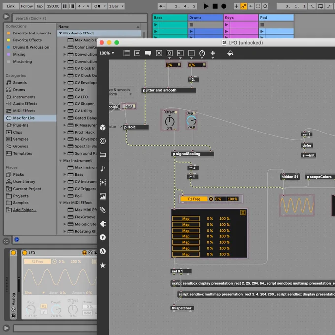 An open Max patcher window, showing the edit view of the LFO Max for Live device in Ableton Live. 