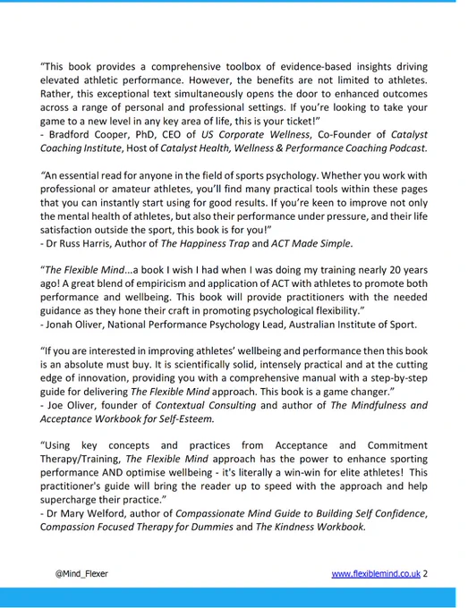 Endorsements for 'Acceptance and Commitment Approaches for Athletes' Wellbeing & Performance: The Flexible Mind'