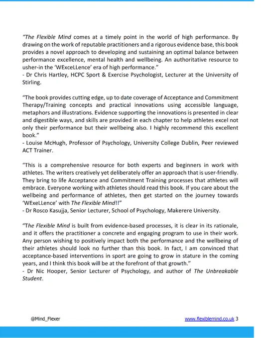 Endorsements for 'Acceptance and Commitment Approaches for Athletes' Wellbeing & Performance: The Flexible Mind'