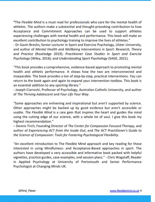 Endorsements for 'Acceptance and Commitment Approaches for Athletes' Wellbeing & Performance: The Flexible Mind'