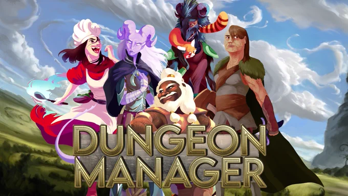 The group of adventurers - a shifter chef, a tiefling paladin, a dwarf fighter, a dragonborn ranger, and earth genasi rogue - behind the words "Dungeon Manager."