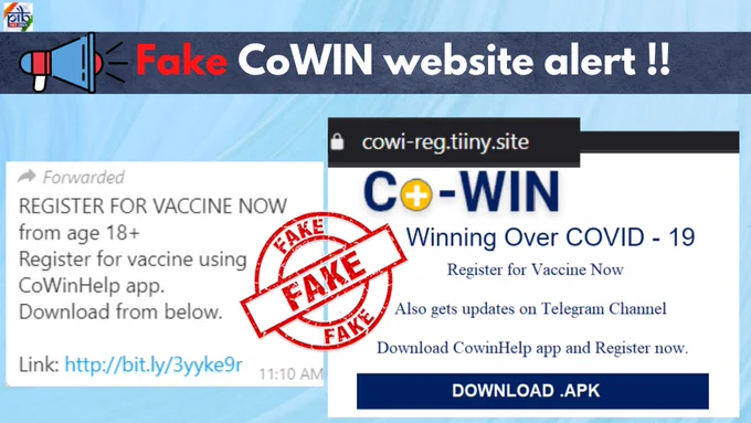 A stamp with the word 'Fake' on an imposter website claiming to be the CoWIN portal. The headline reads "Fake CoWIN website alert"