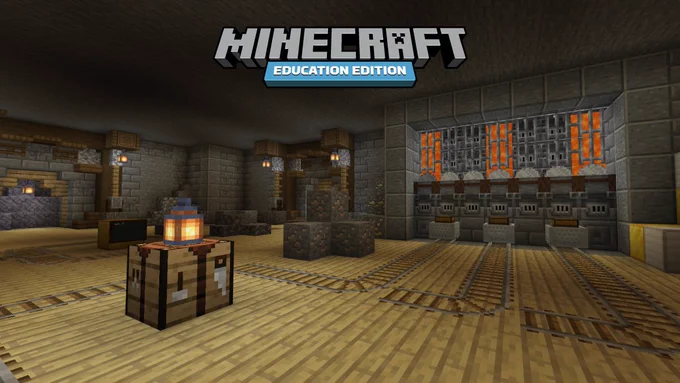 A room featuring several minecart tracks in Minecraft: Education Edition.
